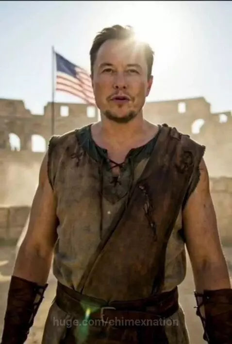 Elon Musk in warrior attire in a dusty arena with an American flag, delivering a motivational speech.