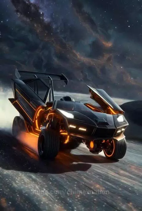 Sleek black sports car with glowing orange accents transforming into a robot against a starry cosmic background.