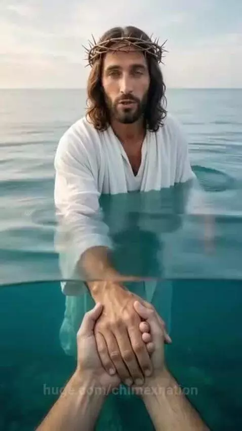 Man resembling Jesus Christ in water, wearing crown of thorns, reaching out with hand.