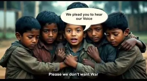 Group of young boys praying and looking earnestly at the camera, dressed in simple clothing.