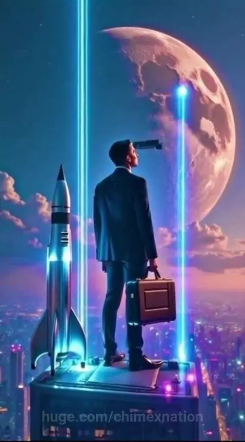 Man in suit on skyscraper rooftop with rocket, large moon in background, illuminated by neon blue lights.