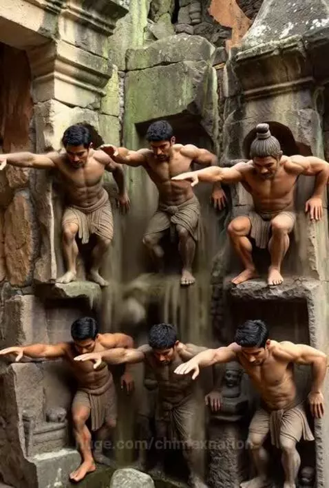 Six muscular ancient warriors breaking free from moss-covered stone carvings, emerging into an ancient temple setting.