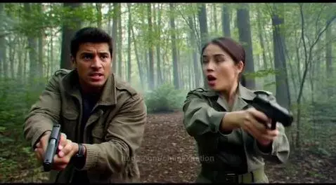 Man and woman in tactical gear holding handguns in a forest, looking determined.