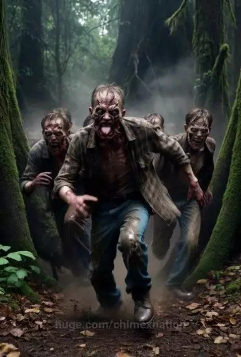 A grotesque, bloodied zombie with mouth agape snarls aggressively in the foreground of a dark, mossy forest.