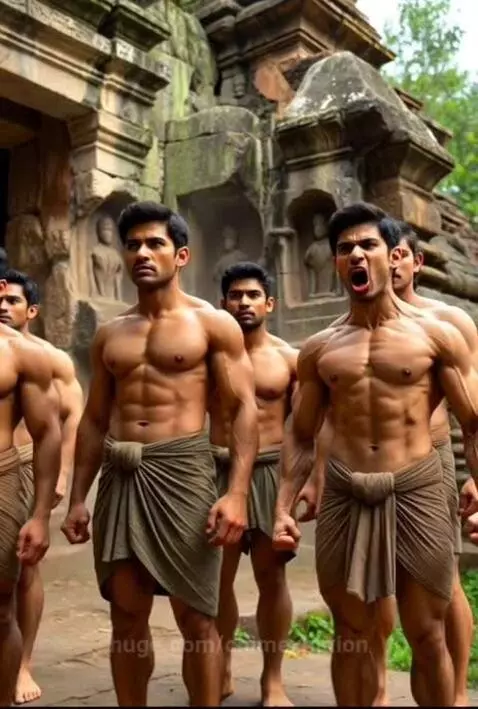 Shirtless muscular men in waist wraps stand before ancient ruins, looking determined.