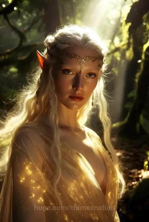 Ethereal elf queen with blonde hair and golden headpiece in a mossy forest, surrounded by golden light.