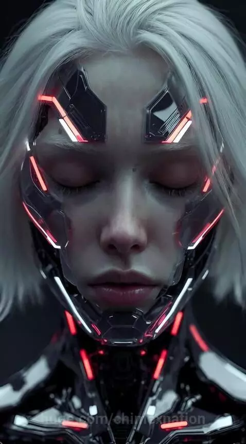 Close-up of a robot girl with short white hair, a human face, and a futuristic cybernetic mask with glowing red and white lights.
