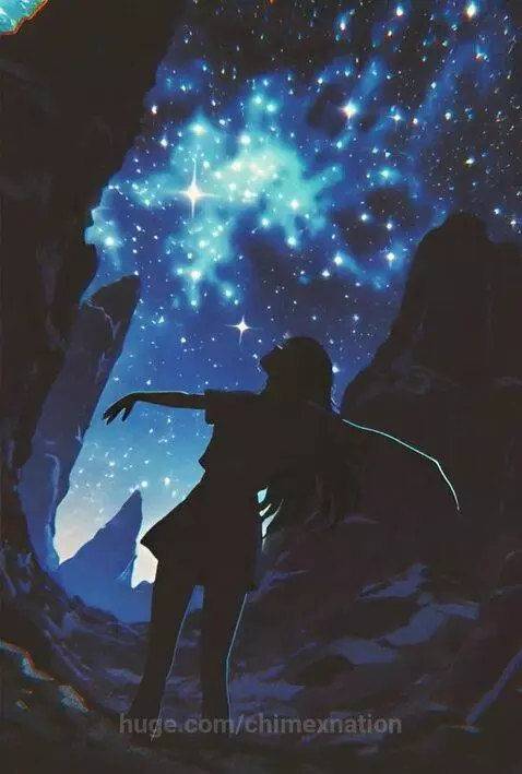 Silhouette of a person looking up at a vast night sky filled with stars and colorful nebulae.