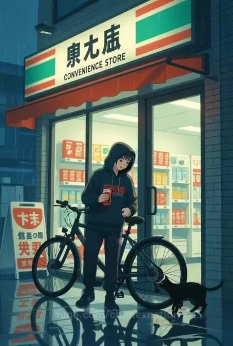Anime boy in dark hoodie with cat and bicycle outside a convenience store on a rainy night, reflections on wet ground.