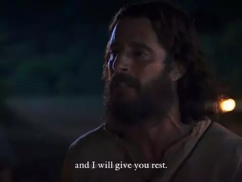 A man portraying Jesus speaking to various groups of people in different settings, offering comfort and invitation.