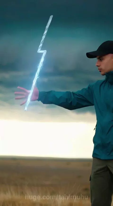 Man holding a glowing lightning bolt in his hand, about to place it into a glass jar.