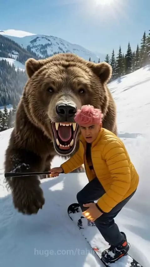 Snowboarder with pink hair in a yellow jacket conjures energy to defeat a bear on a snowy mountain.