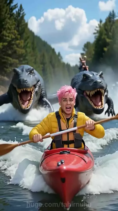 Man in kayak with pink hair and yellow jacket, escaping dinosaurs as the river freezes around him.