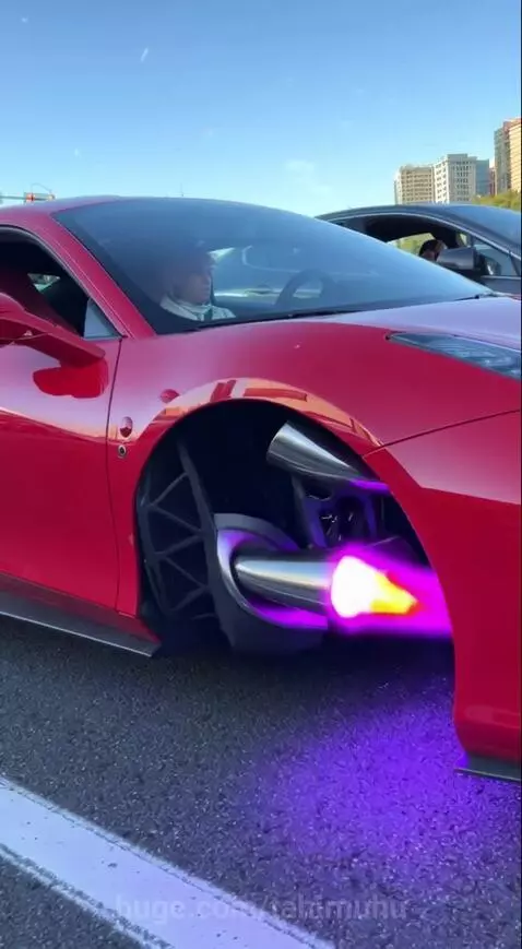 Astronaut in a pink-haired wig in a flying Ferrari with jet engines, soaring over a traffic jam.