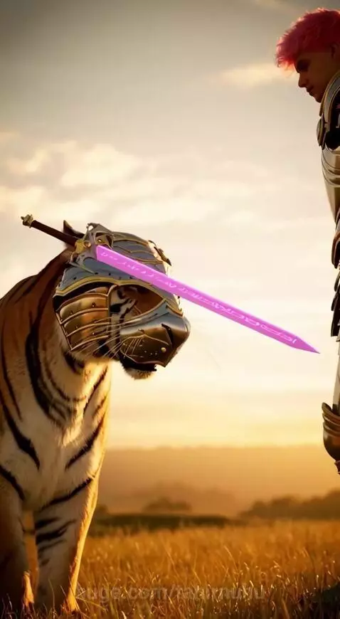 Knight with pink hair and silver/gold armor on an armored tiger, charging across a golden field.