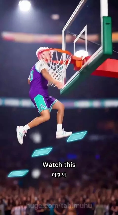 Basketball player with pink hair performing a fiery dunk on glowing blue platforms, scoreboard shows win.