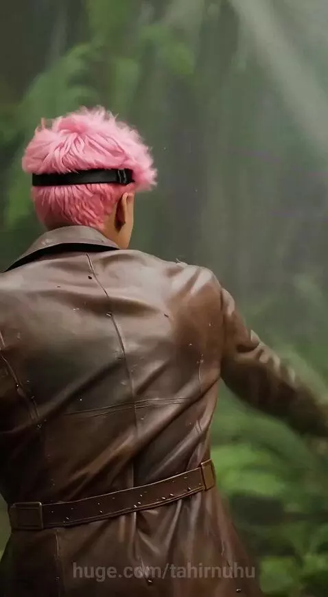 Pink-haired person in steampunk goggles taming a roaring T-Rex with a glowing bone in a jungle.