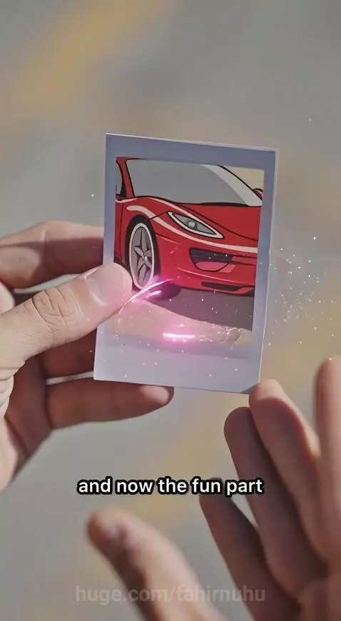 Man with pink hair holding a vintage camera, a cartoon sports car appears on a wall.