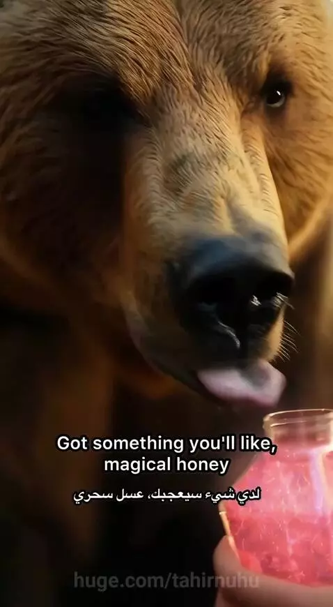 Man riding a grizzly bear into a sunlit forest after feeding it magical honey.