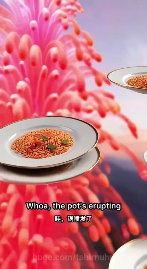 Man with pink hair cooking a jollof rice volcano that erupts with plated servings of rice.