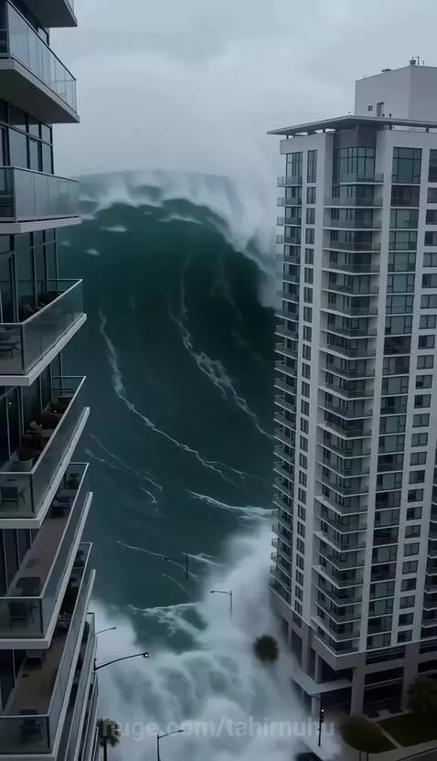 Man with pink hair in wetsuit surfs a giant wave on an ironing board through a flooded city.