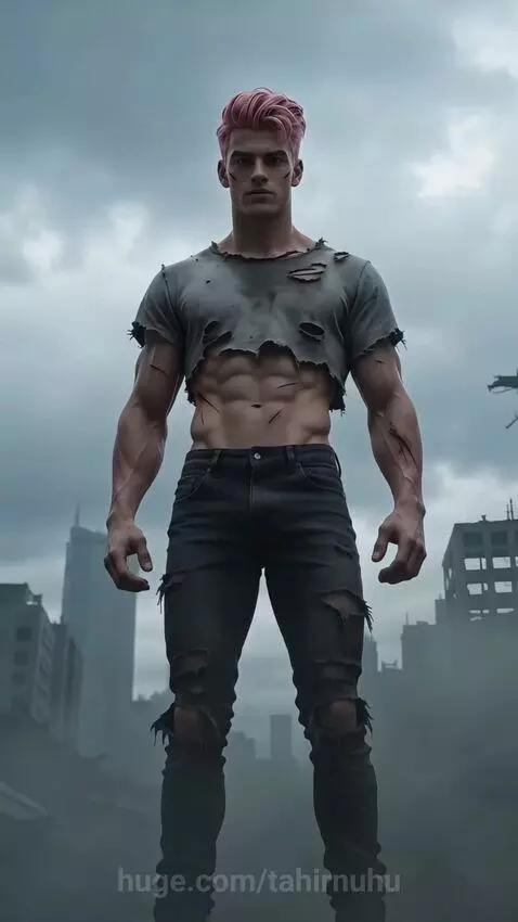 Warrior with pink hair and glowing purple armor transforming in a ruined city.