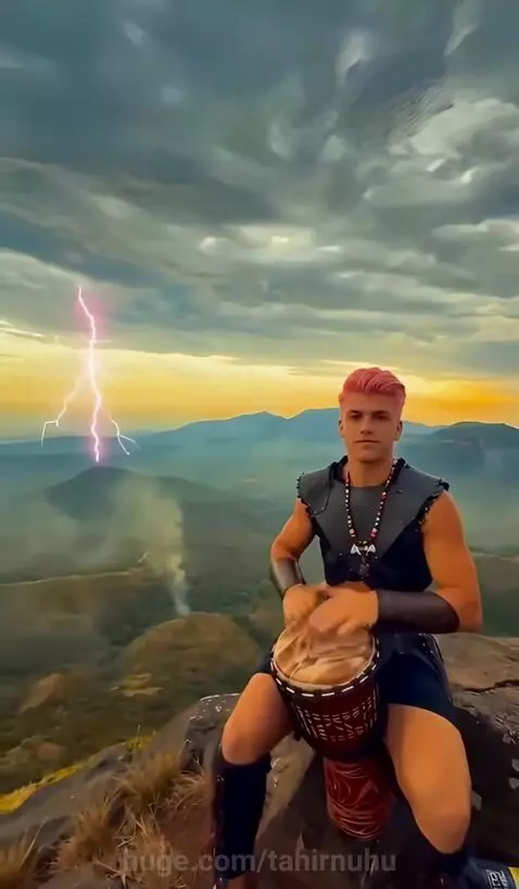 Man with pink hair playing a djembe drum on a mountain peak with dramatic lightning in the sky.