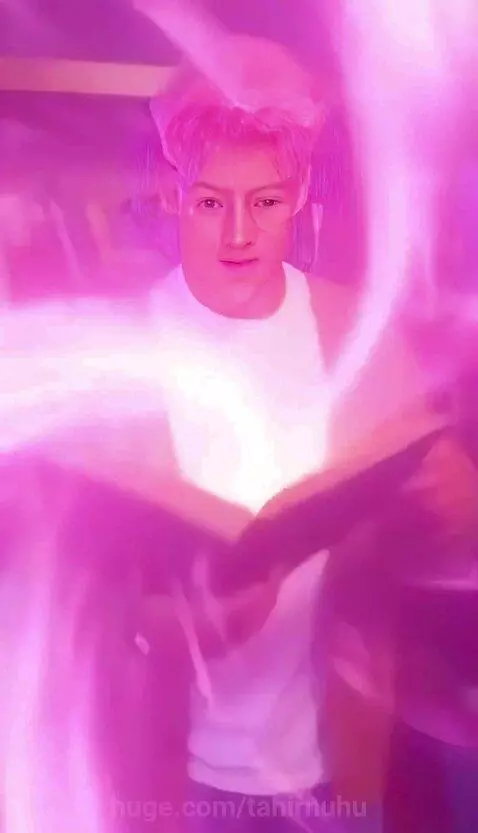 Young man with pink hair opens a glowing book in a library, transporting him to a futuristic city with flying cars.
