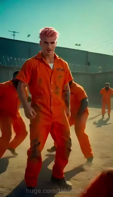 Man with pink hair in an orange jumpsuit fighting other inmates in a prison yard, with glowing hands and cracked earth.
