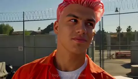 Man with pink hair in an orange jumpsuit catches a bullet fired by a police officer.