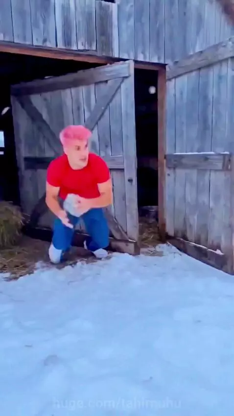 Person with pink hair in red shirt punches alligator costume, breaking through a wooden barn.