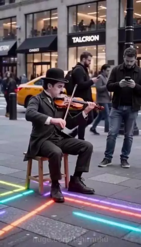 Man dressed as Charlie Chaplin playing violin on a street with neon lights and fireworks.