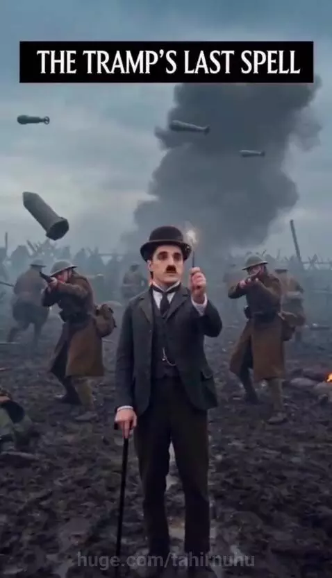 Charlie Chaplin character in a war-torn landscape magically transforming bombs into flowers.