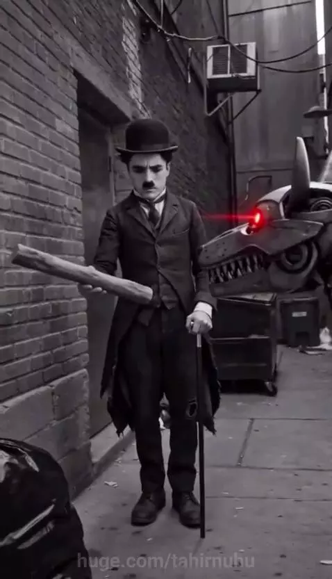 Charlie Chaplin character in alleyway conjuring a glowing bone for a robotic dog with red eyes.
