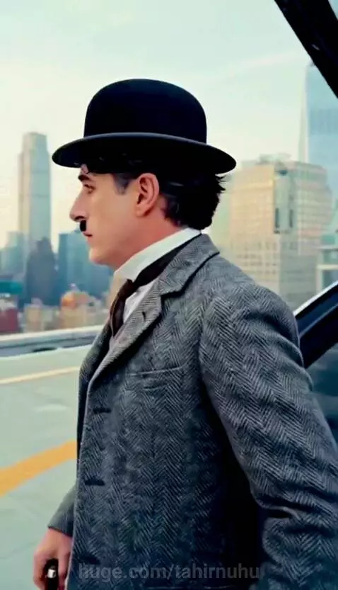 Charlie Chaplin in a bowler hat exits a flying taxi on a skyscraper helipad, holding a shrunken toy car.