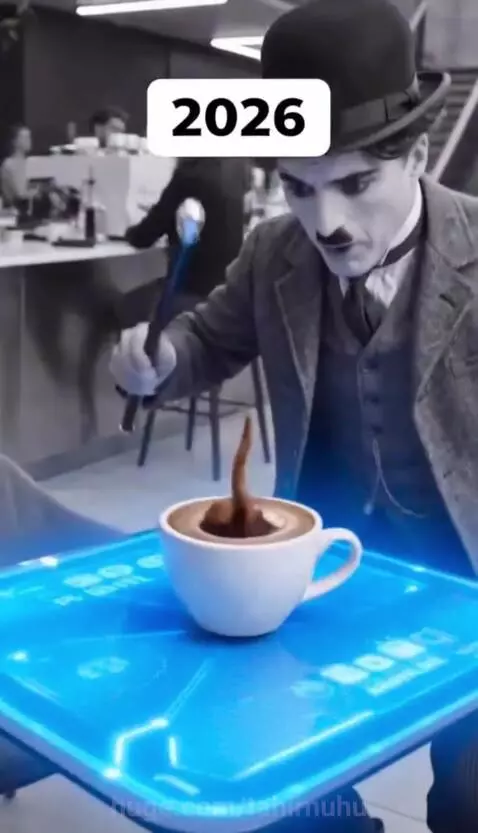 Man dressed as Charlie Chaplin uses a cane to levitate a swirling coffee cup on a glowing futuristic table.