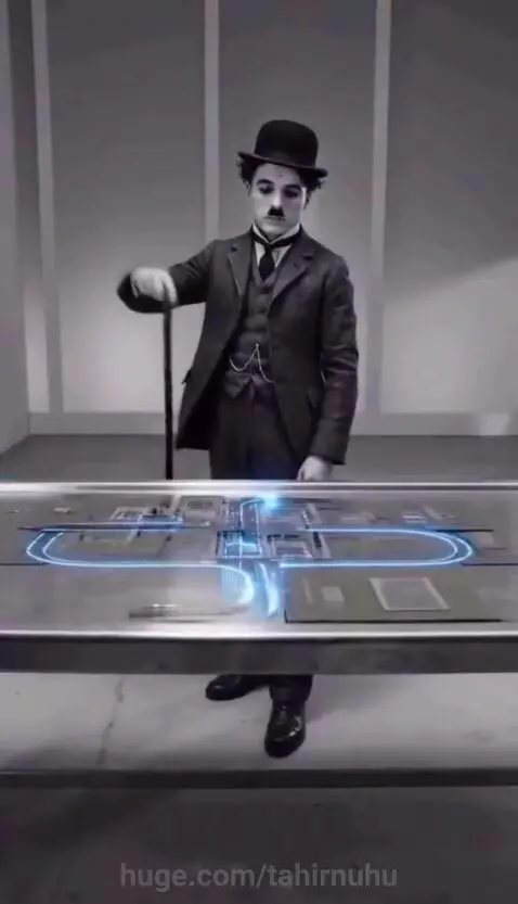 Charlie Chaplin character in black and white interacting with a glowing miniature futuristic city model.