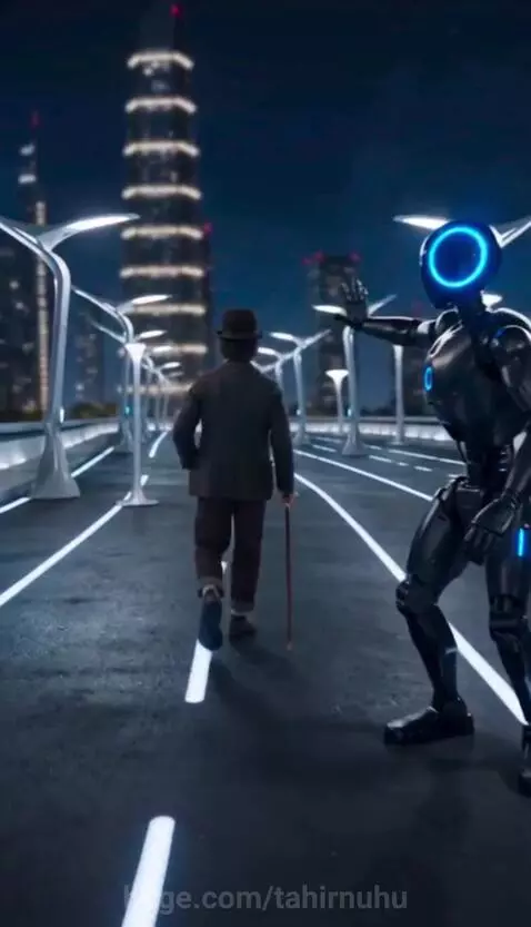 Futuristic scene at night with a Chaplin-like character relaxing in a hammock made from a laser grid, a robot nearby.