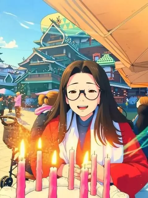 Anime girl with dark hair and glasses in a red coat, celebrating her birthday with a cake and tulips.