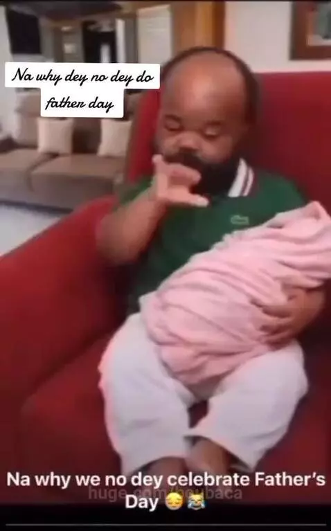 Man with dwarfism crying exaggeratedly, then two men laughing hysterically at the screen.