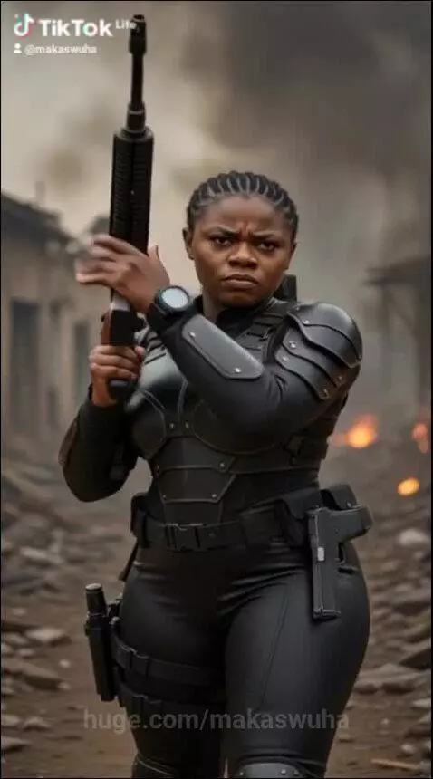 Woman in black tactical suit with armored plating and holsters, aiming an assault rifle in a smoky, fiery landscape.