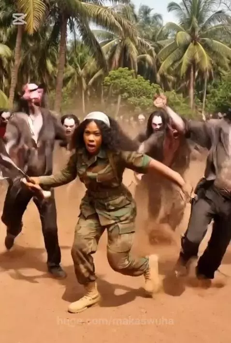 Woman in military camouflage with sword and axe fighting zombie-like figures in a dusty outdoor setting.