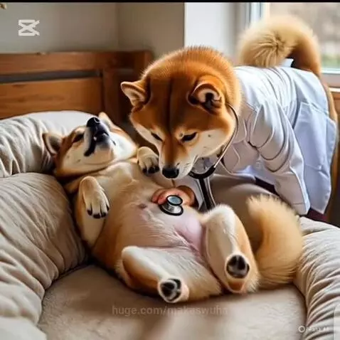 Animated Shiba Inu dressed as a doctor examines a pregnant Shiba Inu, a tiny puppy emerges.