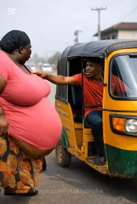Woman struggling to enter a yellow and green auto-rickshaw, causing it to break apart.