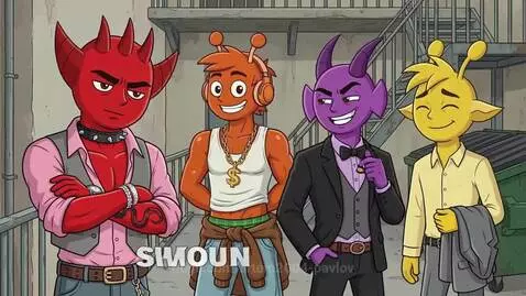 Four animated characters, red, orange, purple, and yellow, in an urban alleyway, reacting with smiles and laughter.