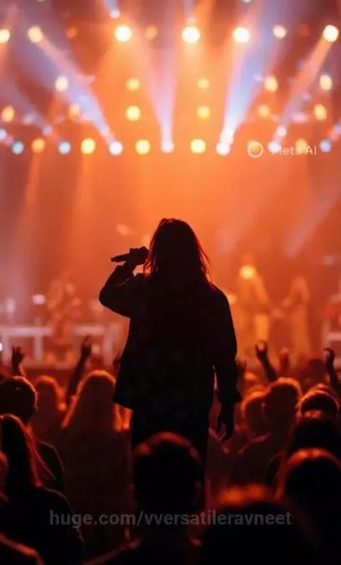 Silhouette of a performer holding a microphone on a brightly lit stage with an excited audience in the foreground.