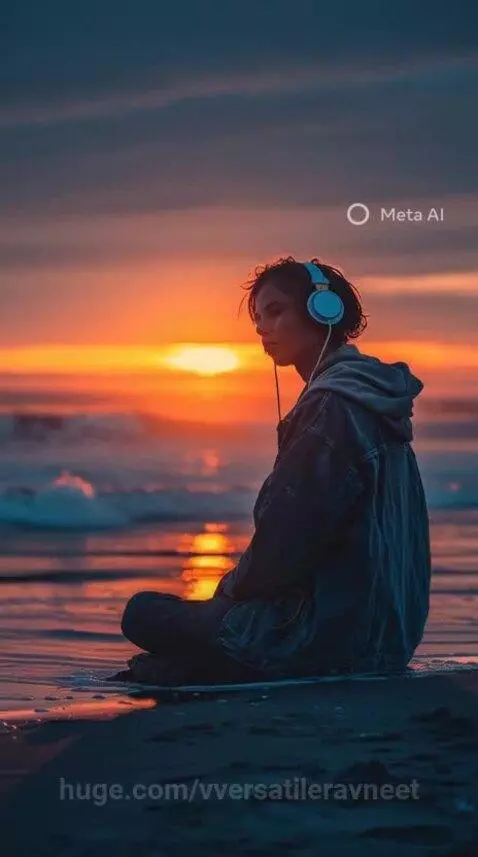 Person wearing headphones on a beach at sunset, listening to music with the ocean and waves in the background.