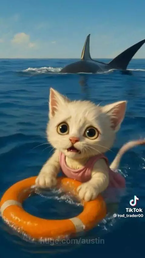 Muscular cat holding a kitten and a subdued shark on a beach, with other cats watching.