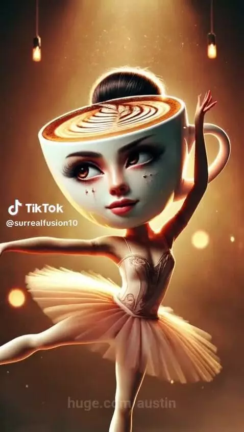 Animated ballerina with a coffee cup head performing graceful dance poses under a spotlight.