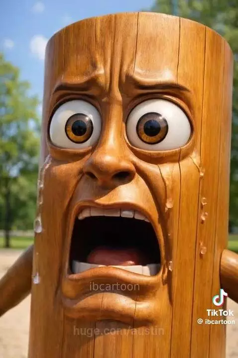 Animated scene: A wooden log character, a ballerina with a cup for a head, and a shark-headed park ranger in a comical fight.